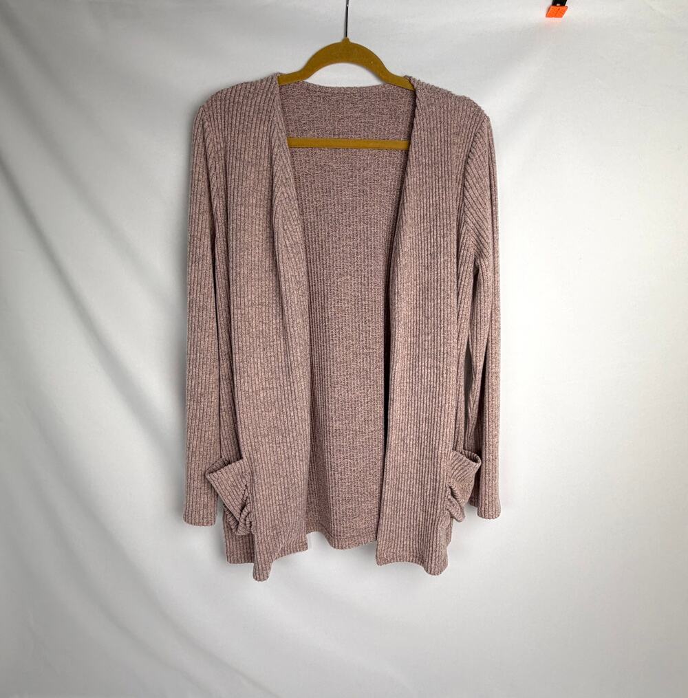 SHEIN Womens L Dusty Pink Ribbed Open Front Long Cardigan Sweater Pockets Cozy